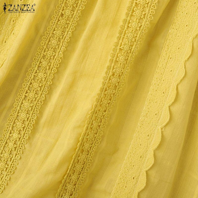 ZANZEA Sommer Damen Rundhals Kurzarm Spitze Häkeln Lässige Bluse