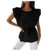 Summer Women's Round Neck Cutout Trim Ruffle Ruffle Lace Cuff Solid Color Short Sleeve Button Down Casual T-Shirt