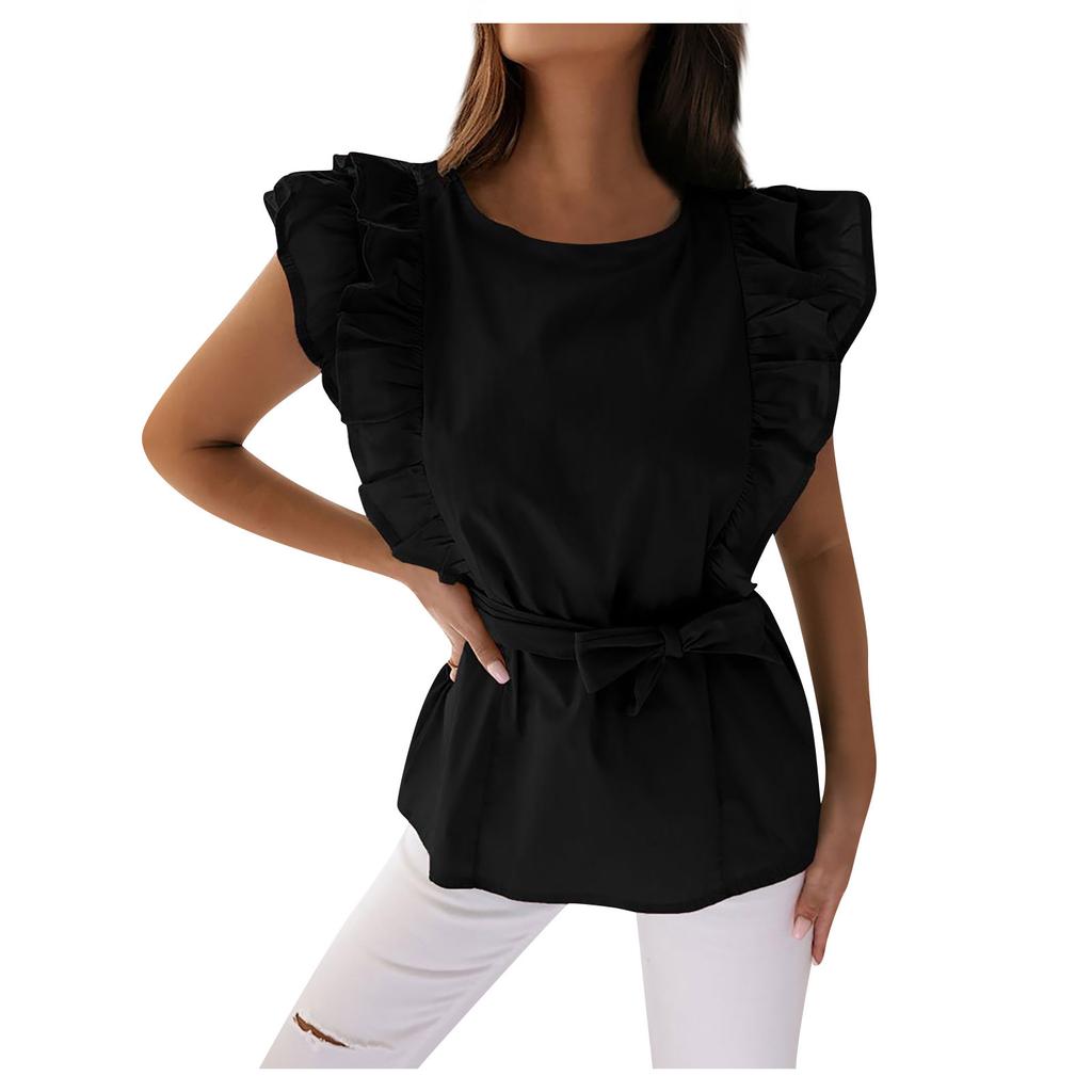 Summer Women's Round Neck Cutout Trim Ruffle Ruffle Lace Cuff Solid Color Short Sleeve Button Down Casual T-Shirt