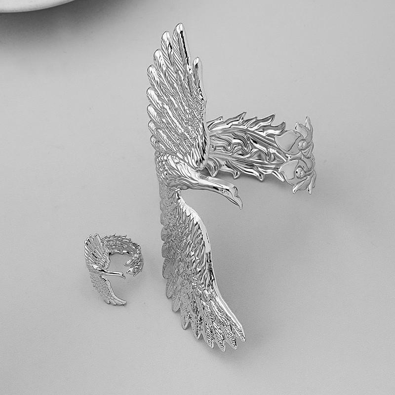 2 Pcs Gold Phoenix Cuff Bracelet Ring Set Exquisite Carved Details Adjustable Size Great For Party Prom Gift
