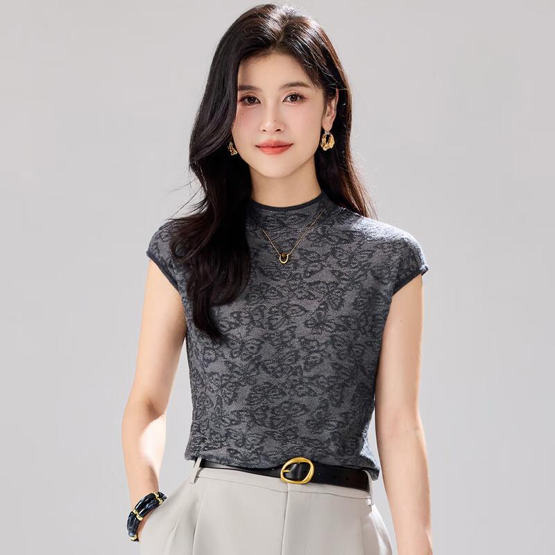 

Women s Semi-High Collar Jacquard Knit Sleeveless Top M