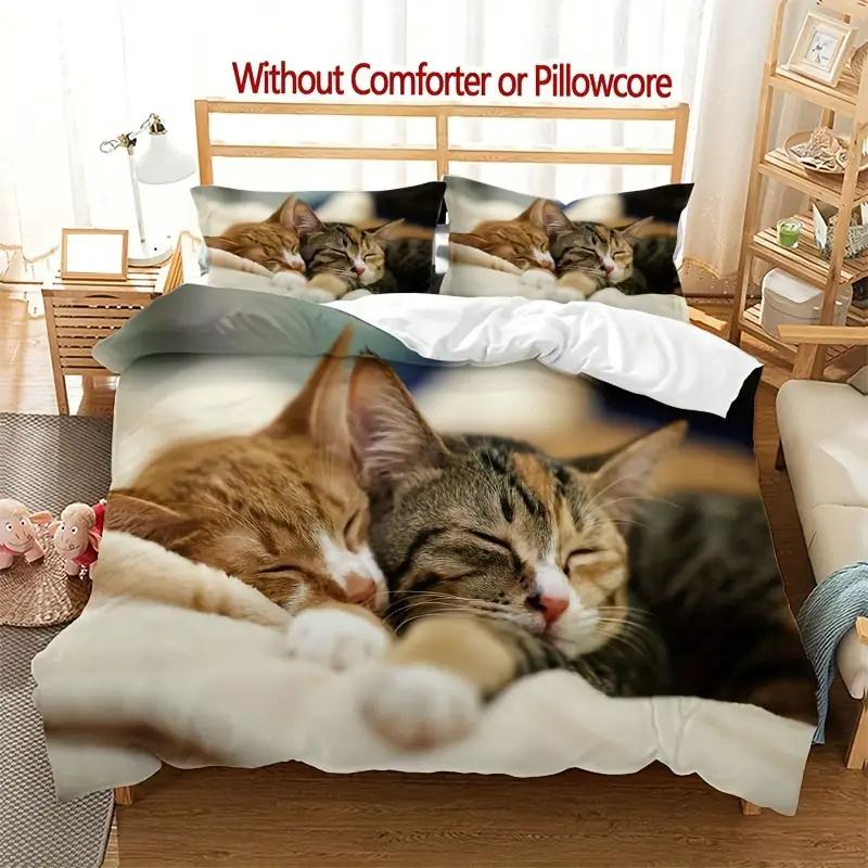 Comforter Cute Cat 3Pcs 3D Digital Printed Soft Comfortable Breathable Bedding Set For Bedroom Dorm