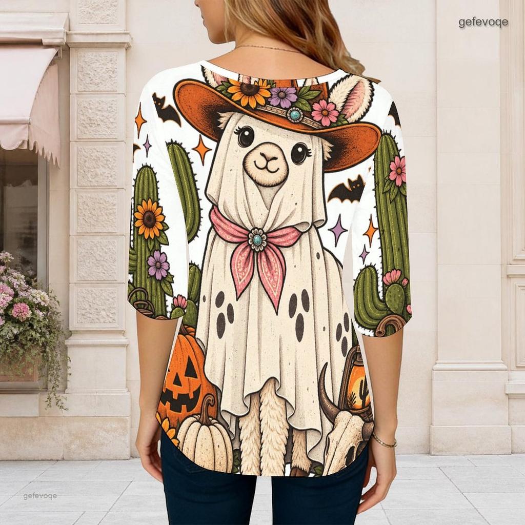 Women Plus Size Round Neck 3 4 Sleeve Printed T Shirt Black Cartoon Stationery Curved Hem