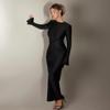 Sexy Solid Color O Neck Pleated Maxi Dress Slim Fit Elegant Women Autumn Winter Party Club Street Wear