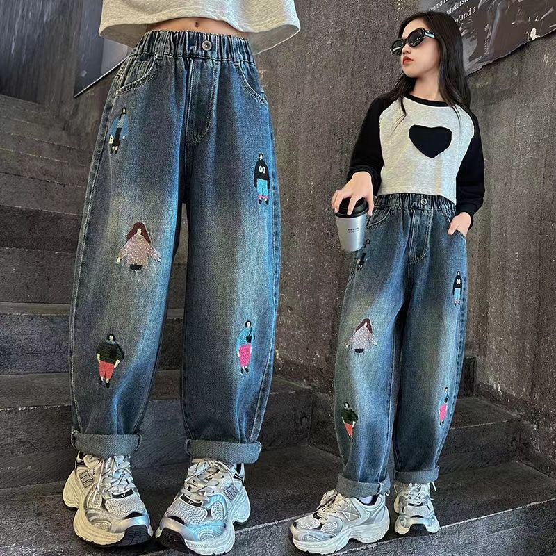 

Брюки для девочек Повседневные джинсы Весна и осень Брюки с широкими штанинами Детские свободные брюки 160