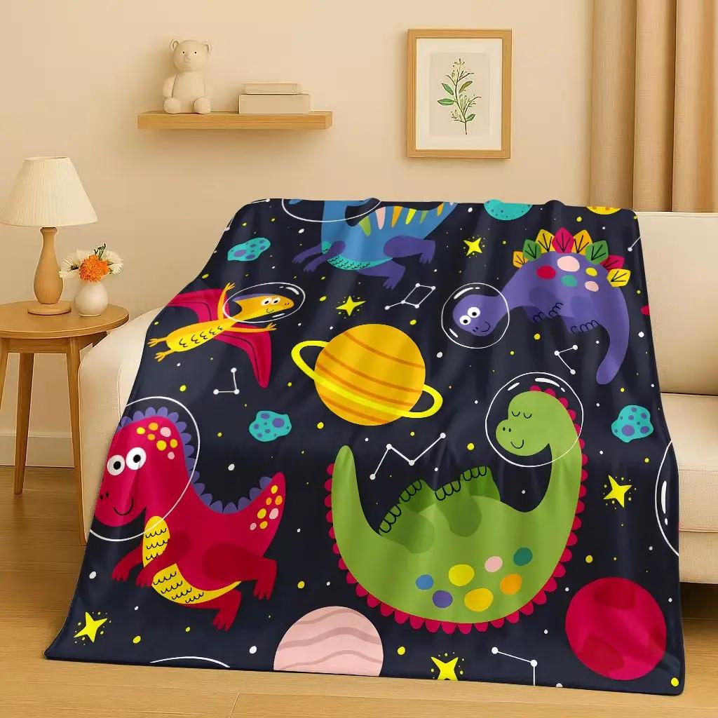 Classic Space Dinosaur Cartoon Dino Art Flannel Blanket,Ultra Soft Warm Plush Throw for Home Bedroom Bed Sofa Cover Kids Gift