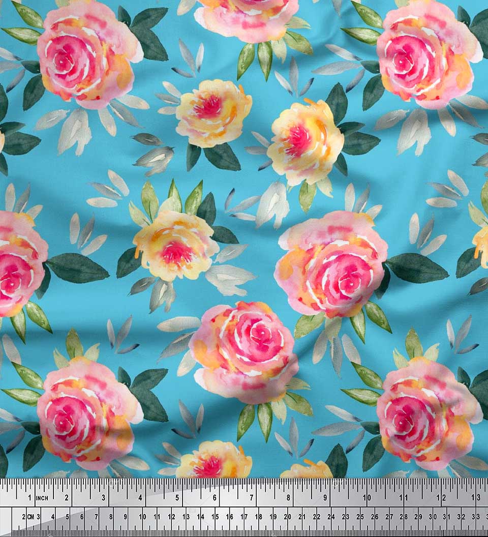 

Тканина Soimoi Japan Crepe Satin Leaves & Rose Watercolor Printed Тканина 1 метр 42 дюйма 42 Inch Wide - Poly Crepe синій