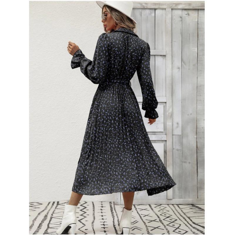 Autumn and Winter Women's Pressure Folded Peplum Long Sleeve Hem Dresses