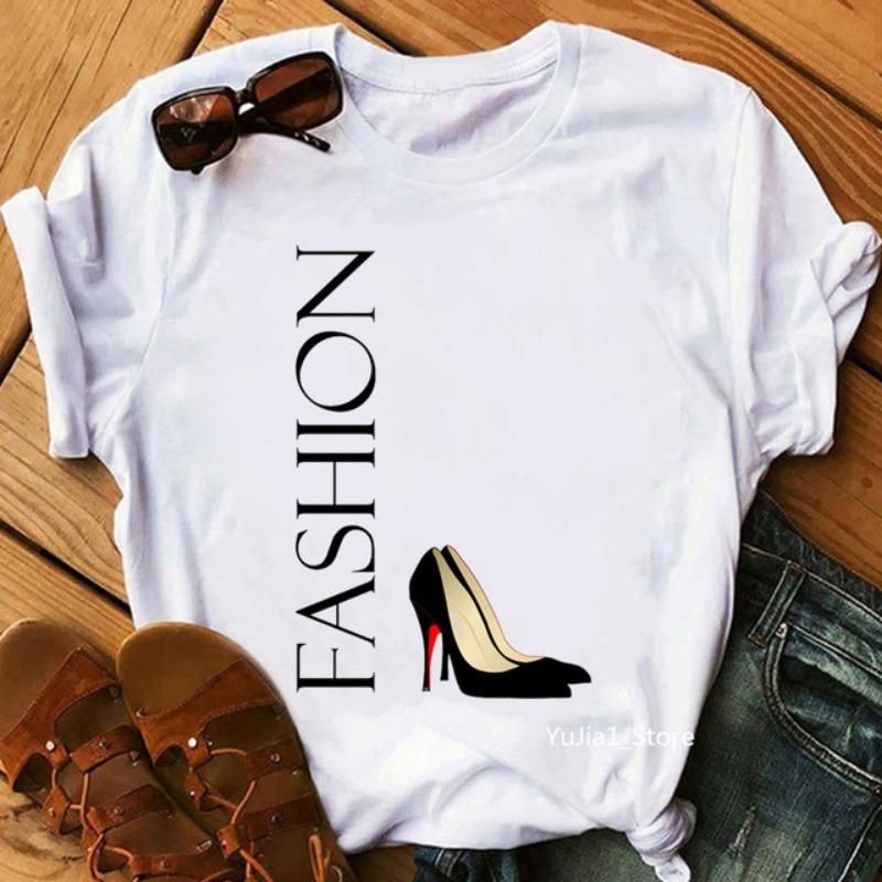 Estive Plus Manica Corta Tacchi Alti Stampate Puro Cotone Ampie Girocollo Manica Corta Scarpe T-Shirt Donna