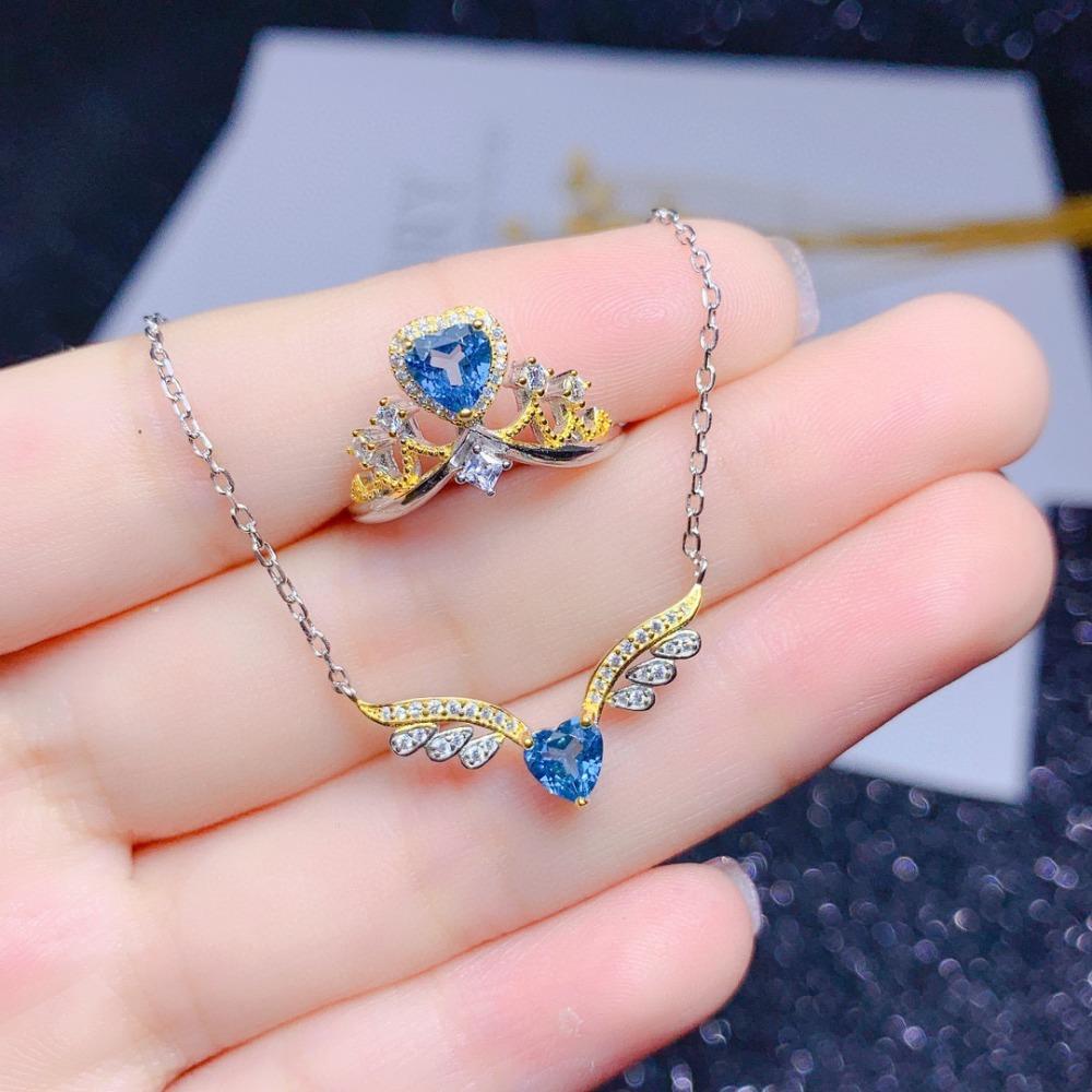 Women Jewelry Set Angel Wing Necklace Heart London Blue Topaz Ring Pendant Gift for Her