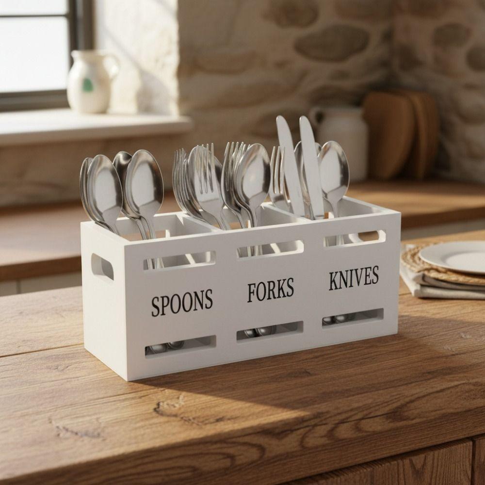 3 Compartment Wooden Rustic Cutlery Rack With Hollow Handles Rectangular Fork Spoon Organizer Vintage Cutlery Storage Rack