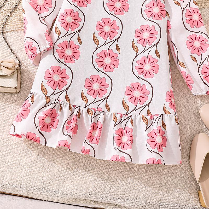 Big Girl's Autumn New Casual Bohemian Vacation Style Floral Print Long Sleeve Dress