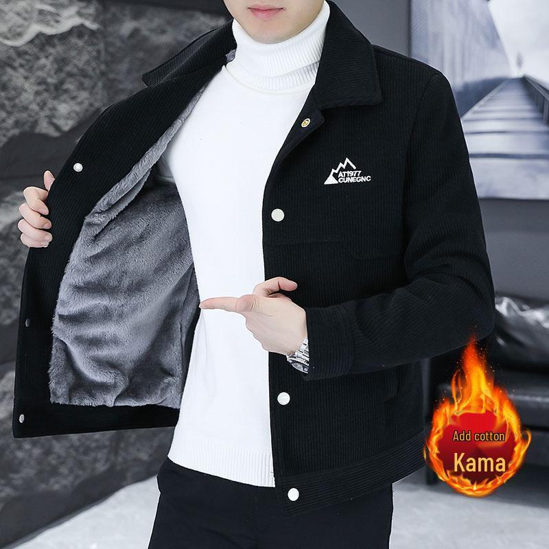 Men's 2024 Korean Style Corduroy Jacket - Velvet-Lined, Thick, Lapel Design for Autumn and Winter