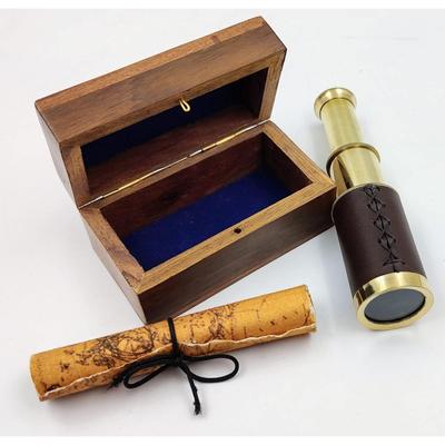 6" Handheld Brass Telescope with Wooden Box and Antique Map - Pirate Navigation