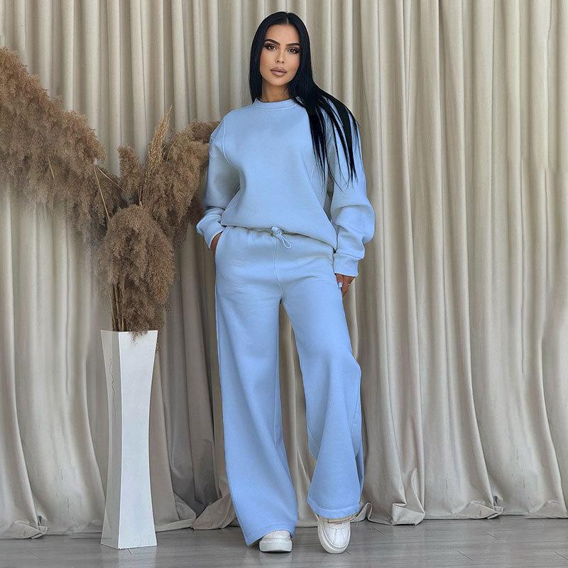 2024 podzim a zima nové jednobarevné kulatý výstřih s dlouhým rukávem volné dámské oblečení módní ležérní sada širokých kalhot