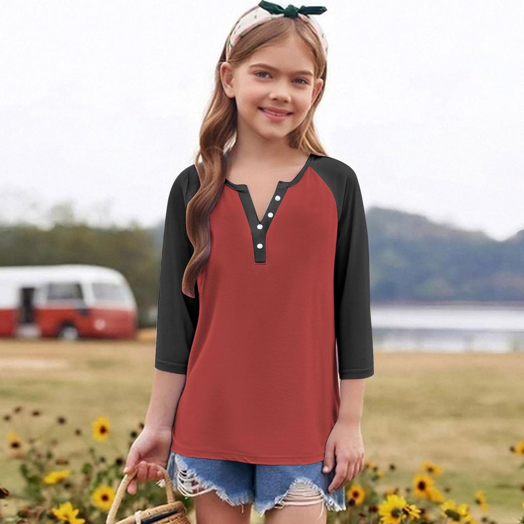 Print Tops For Youth Girls Round Neck 3/4 Sleeves T-Shirts Trendy Tops Outfit Tees