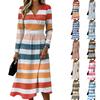 Women's Striped Casual Fashion Long-Sleeved Padded V-Neck Dress