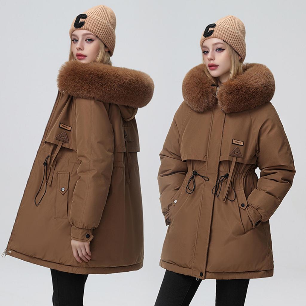 Parker Clothing Women's Winter Korean Version of The Waist Is Thin, Hooded Plus Velvet Cotton Clothing Mid-length Jacket Cotton Coat