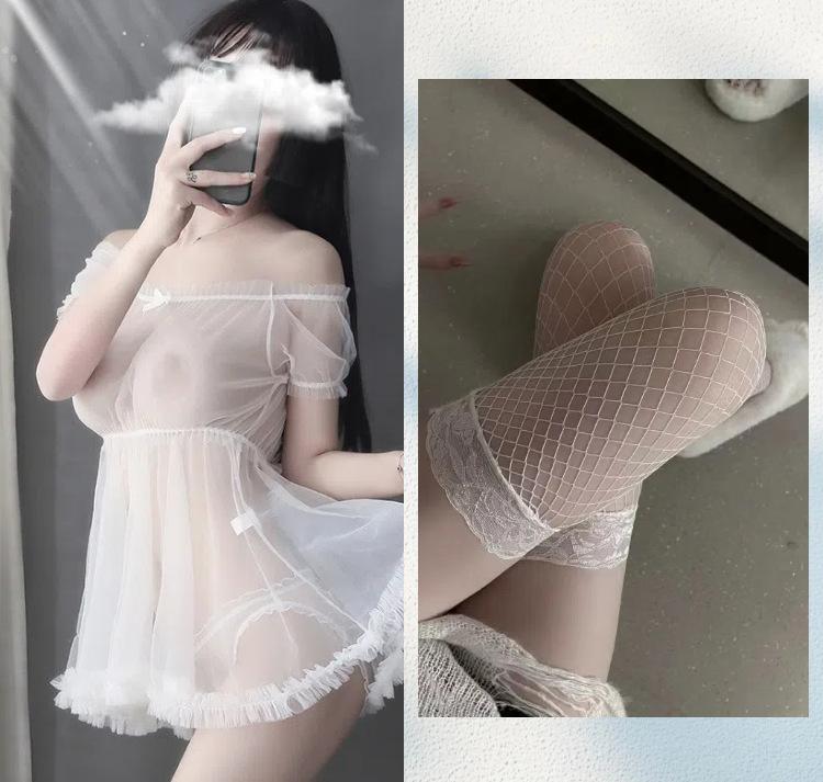 New sexy underwear perspective princess suit one-word shoulder mesh skirt seduces girl transparent milk leakage nightdress