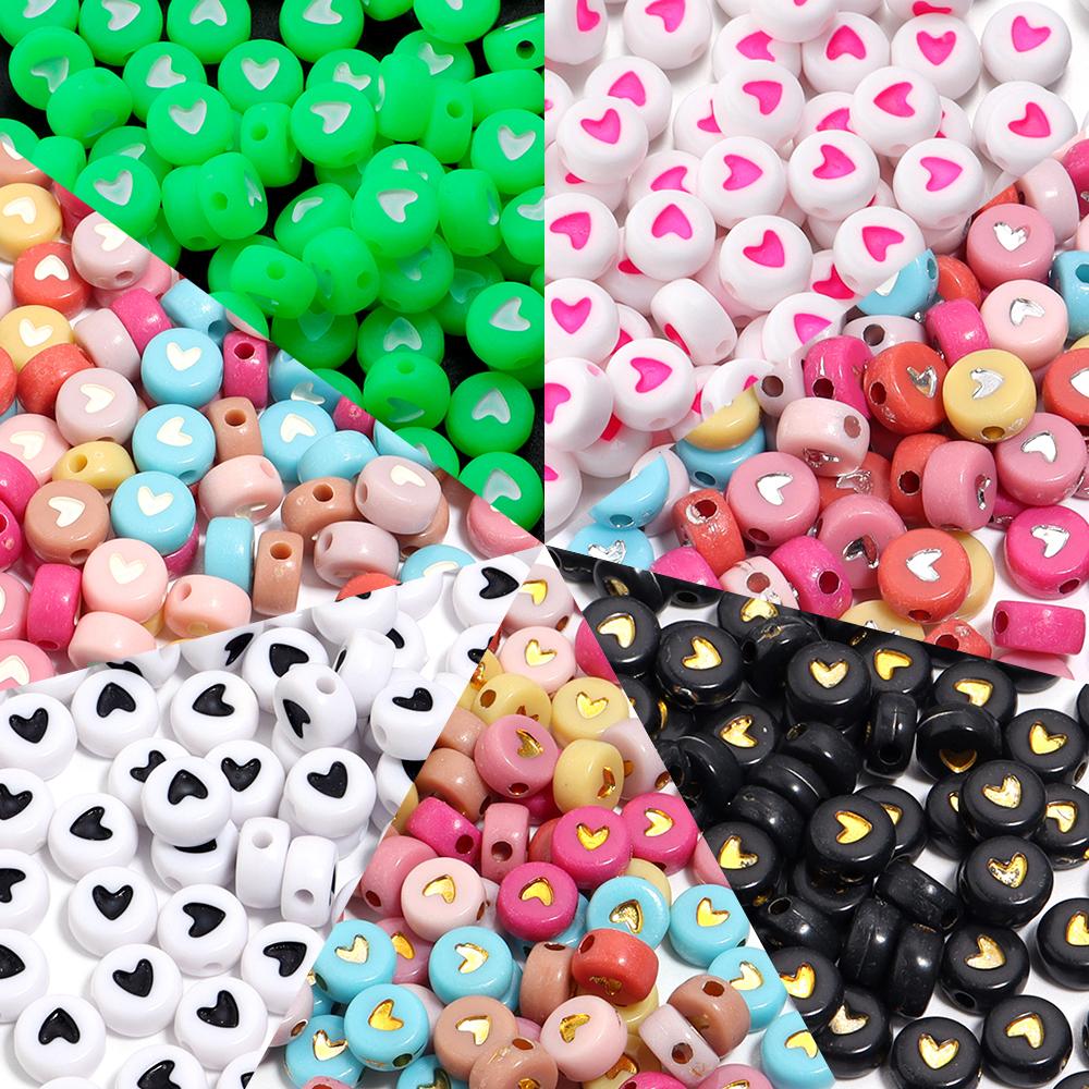 100pcs/lot 7mm Acrylic Heart Beads Flat Round Colorful Loose Spacer Beads For Jewelry Making DIY Necklace Bracelets Accessories