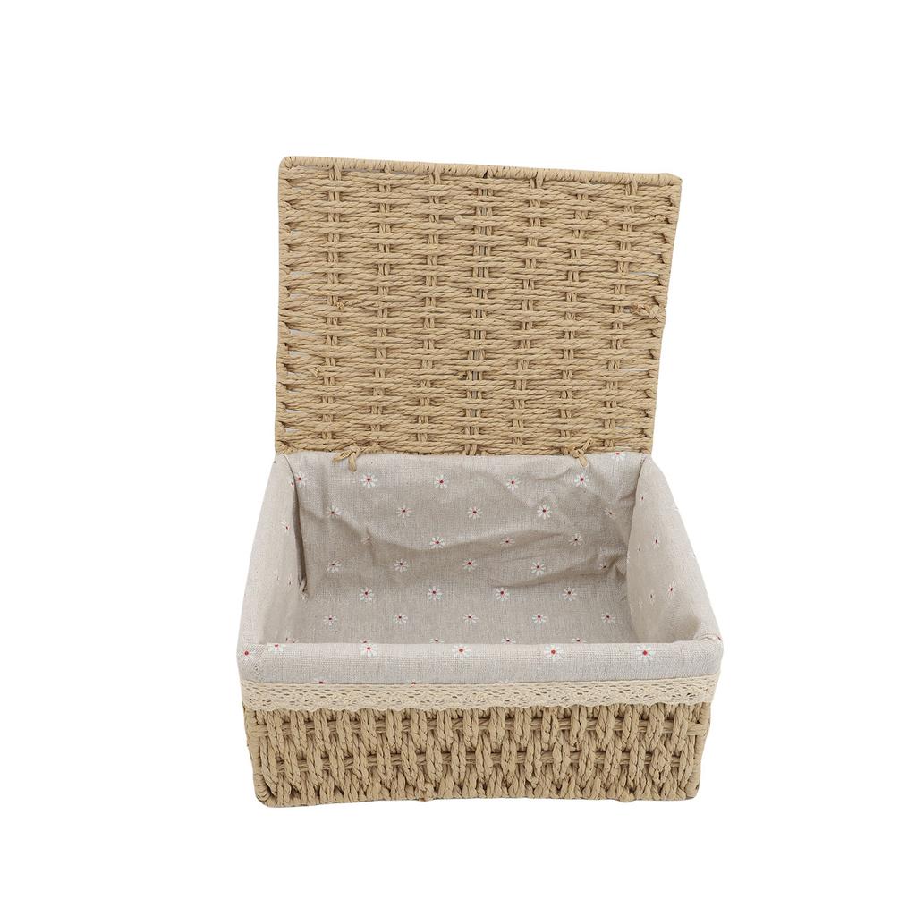 Storage Basket Internal Metal Frame Multifunctional Hand Woven Decorative Storage Boxes with Lid