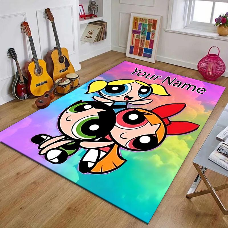 Powerpuff Design Area Rug Personalized Name- Non-Slip, Soft & Cozy Floor Mat for Living Room, Office - Indoor/Outdoor Carpet