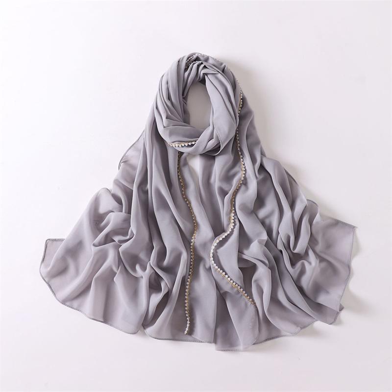 Luxury  Pearl Chain Bubble Chiffon Hijab Veil Ramadan Long Necklace Scarf Shawl Headscarf Bufandas Muslim Headband 175*70Cm