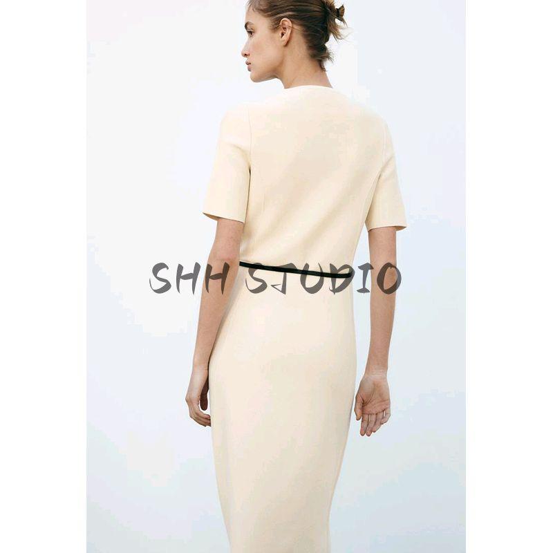 Spring and Summer New Women's Clothing Minimalist Style Decorated Row Button with Belt Short Sleeve Round Neck Midi Skirt Dress 9598058