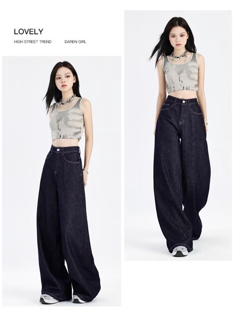 Women's American-Style Dark Blue Summer Jeans - Light, Straight-Leg, Loose Wide-Leg Pants