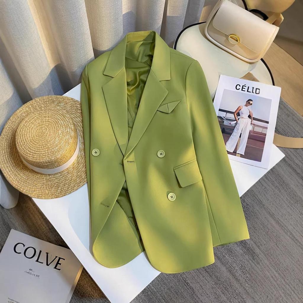 Women's Double-Breasted Slim Straight Green Suit Jacket - Stylish Spring/Autumn 2026 New Arrival