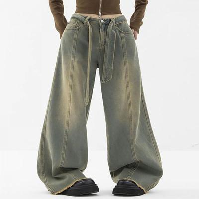 Women's Jeans Korea Loose Cargo Jeans Retro Straight Leg Pants Wide Leg Pants Denim Trousers Loose Trousers
