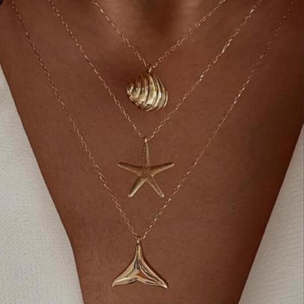 2pcs Set Fashion Boho Gold Color Marine Shell Starfish Pendant Pearl Chain Multi-layer Fold Wear Necklace for Women Jewelry Sets