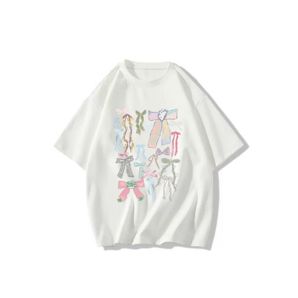 

Women s Cute Bow Print T-Shirt Aesthetic Colorful Graffiti Short Sleeve Tee Casual Summer Top 6XL