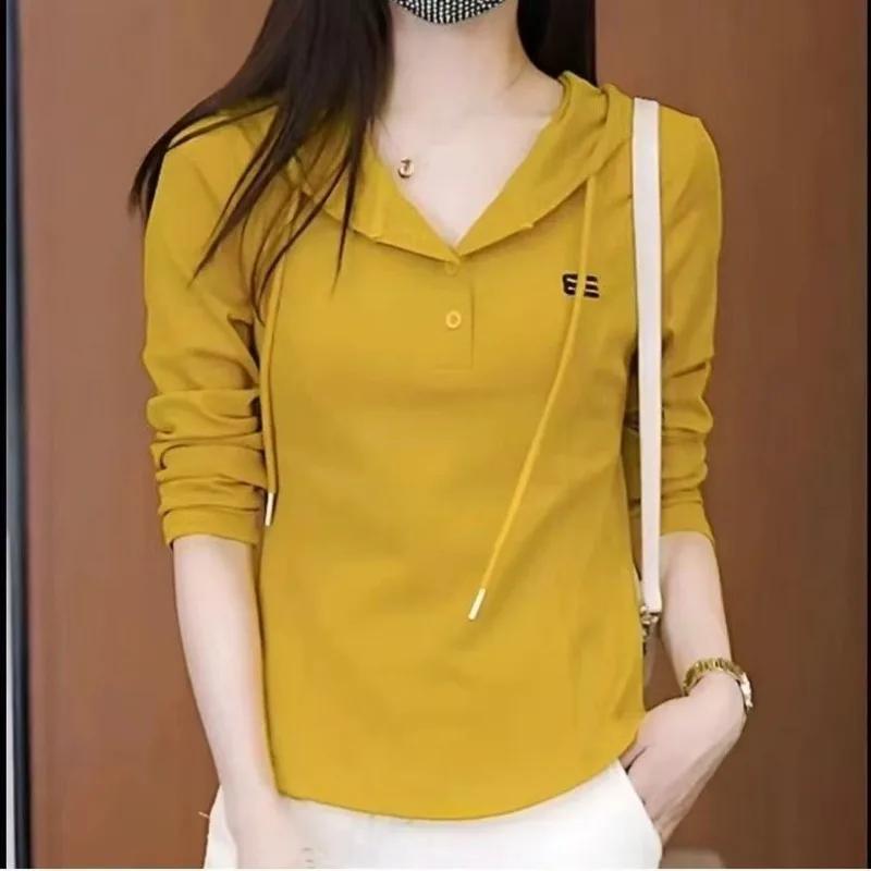 Women's Sports Casual Hooded Sweatshirt Top Autumn Thin Solid Color Versatile Long-sleeved T-shirt For