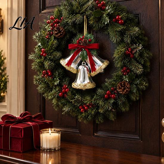 Triple Bell Pendant for Holiday Decor Christmas Ornament with Red Bow & Holly Leaves, Glossy Tiered Scene Jingle Bells Hanging Tree Wreath Door, Party