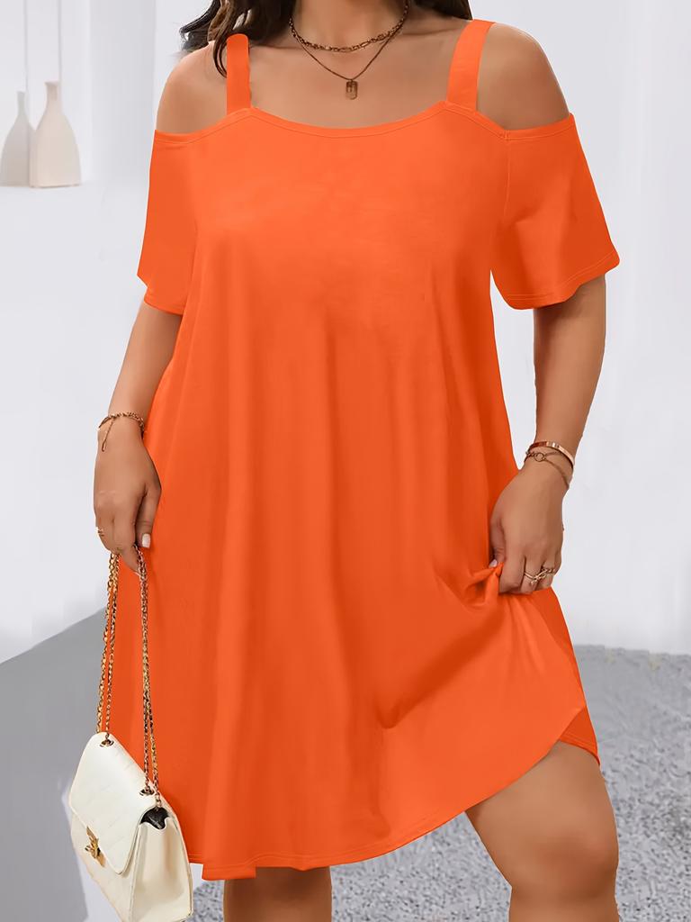 Women Cold Shoulder Short Sleeve Casual Loose Swing Dress with Elastic Neckline