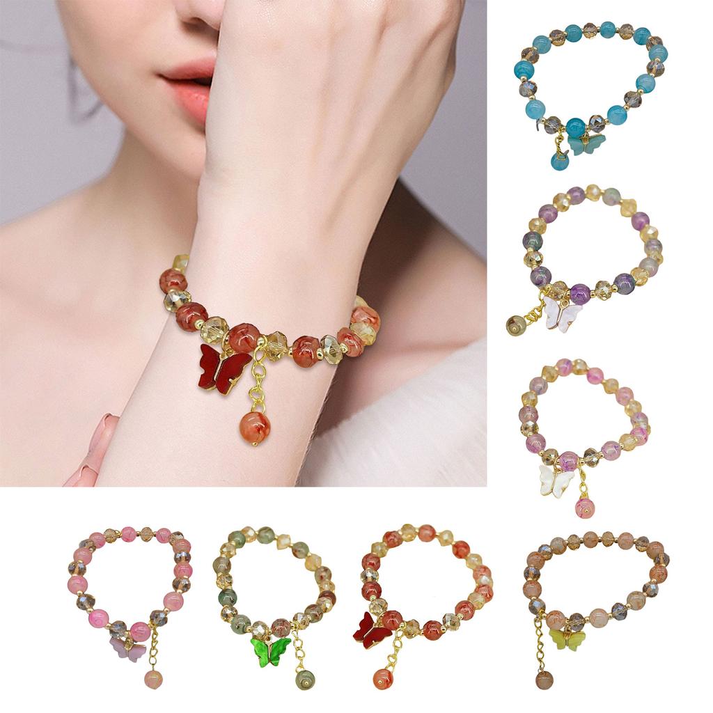 Fashionable Butterfly Crystal Beaded Bracelet for Women and Girls Imitation Jades Bead Handchain Bohemian Charm Jewelry