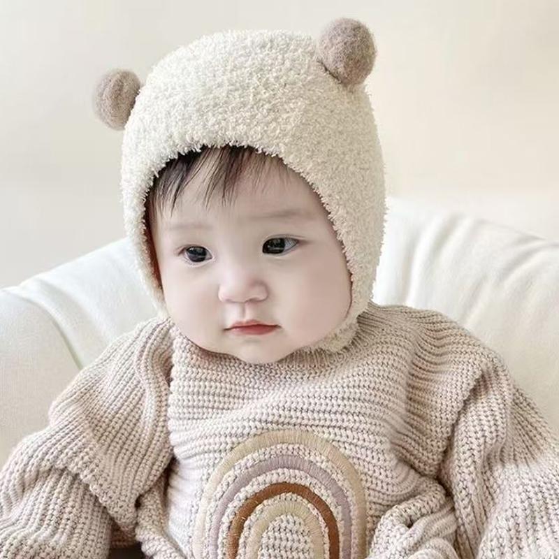 Cute Winter Warm Kids Girl Boys Baby Hats Fleece Wool Hemming Caps With Ball Solid Wool Ear Protection Hats Soft Newborn Bonnet