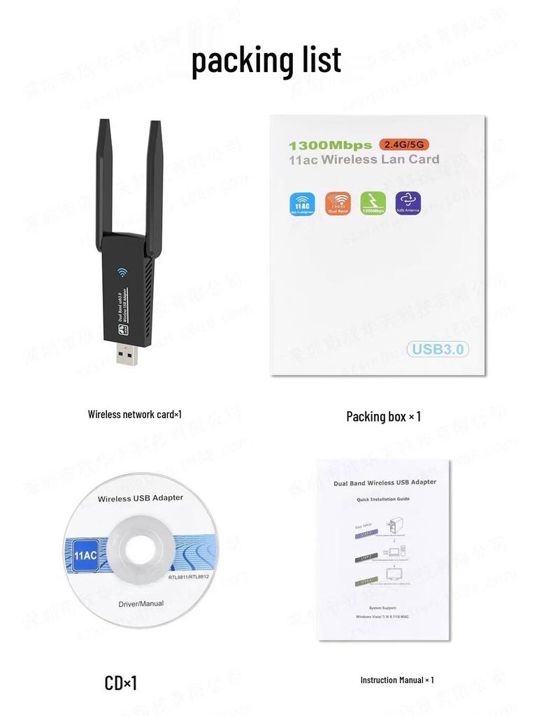 Dual-Band Wireless USB Network Adapter, 1300Mbps, 5G, Driver-Free.