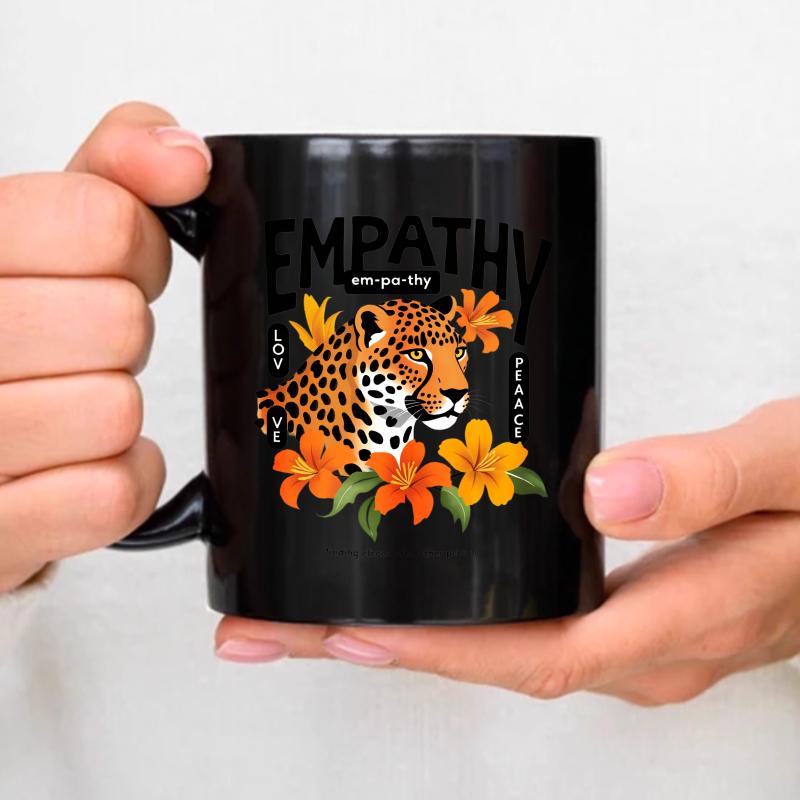 Ceramic mug, black empathy leopard and flower design with love and peace text, suitable for gifts of coffee and tea чёрный