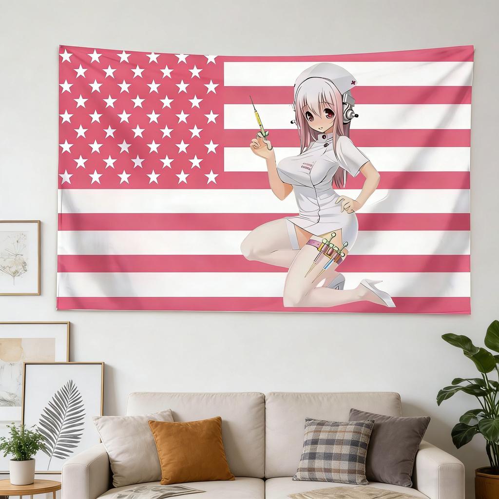 Nurse Anime Tapestry Pink Cross And Syringe Design Pink American Flag Design Backdrop Suitable For Bedroom Dorm Decoration Gifts