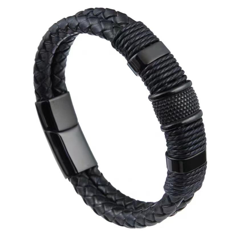 Woven Leather Rope Wrapping Special Style Classic Stainless Steel Men's Leather Bracelet Double-layer Design AVE