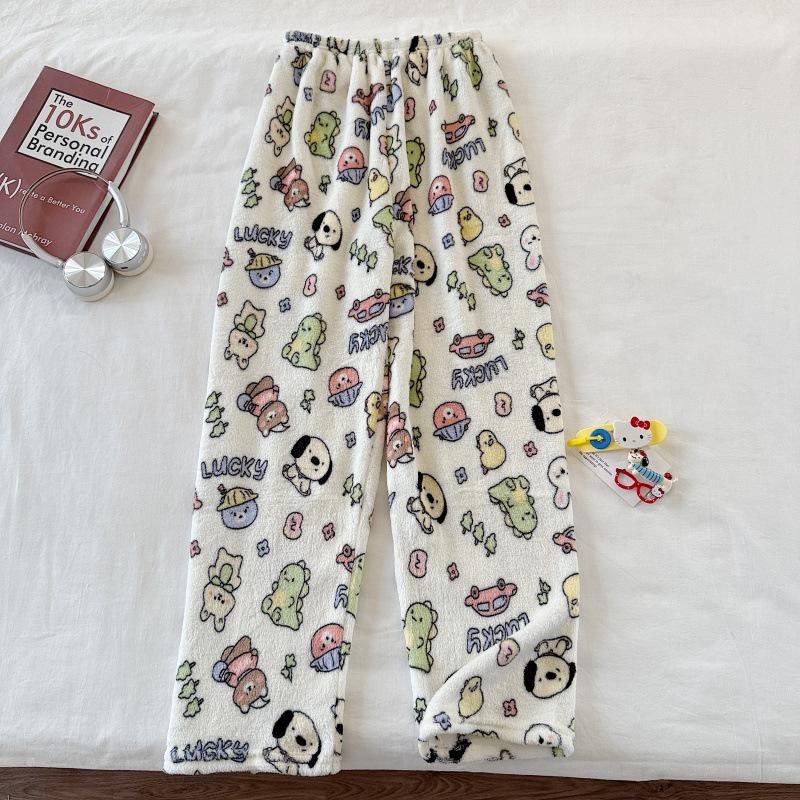 Hello Kitty Coral Fleece-Lined Flannel Pajama Pants for Women - Warm Autumn/Winter Style