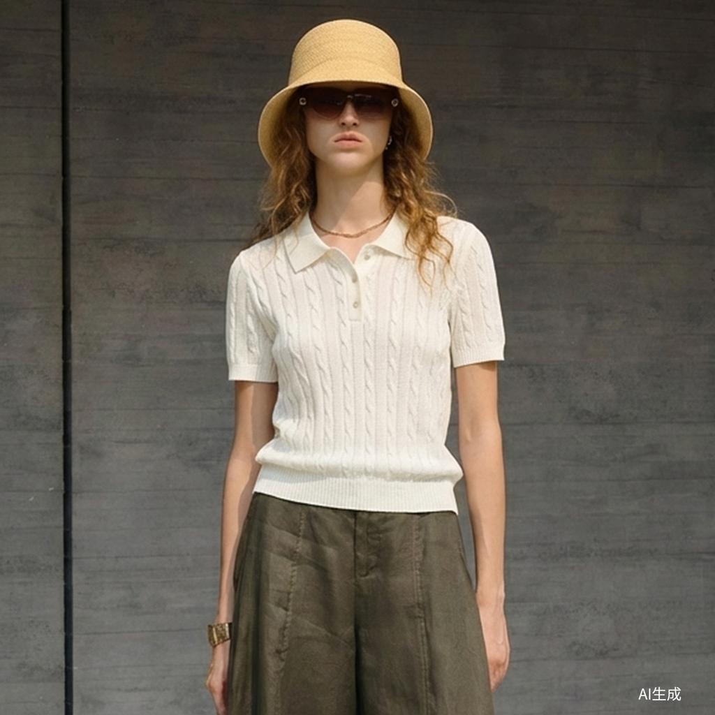 Old money style three-dimensional twisted flower and paper yarn short-sleeved polo shirt lapel T-shirt women's summer twist knitted sweater commuter t