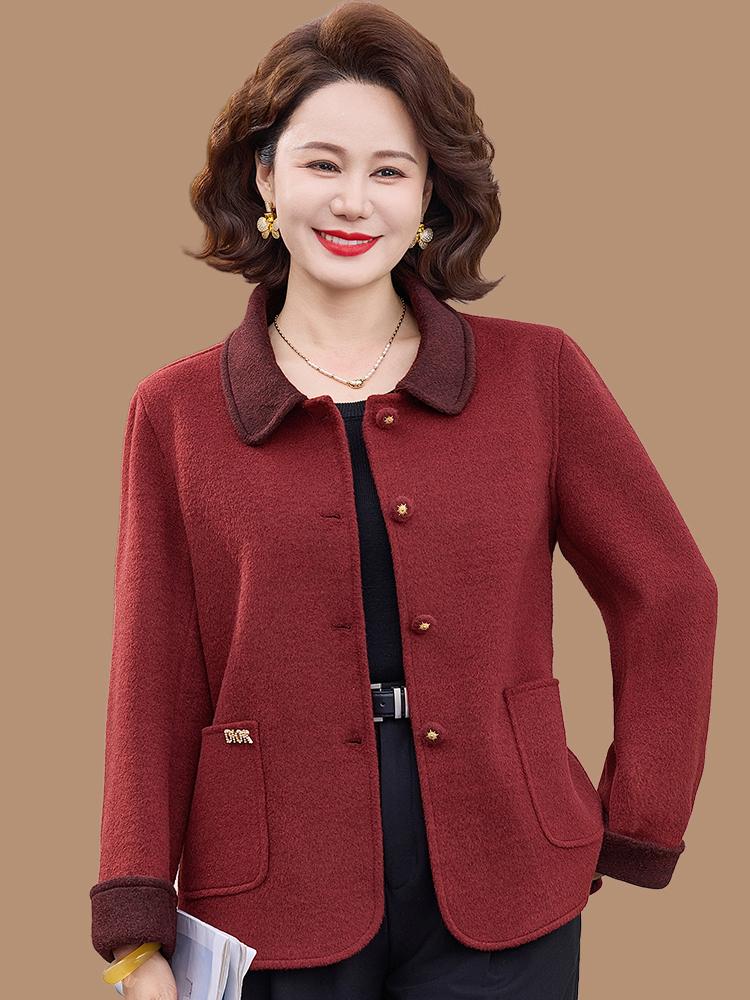 Mom's Spring Woolen Double-Sided Coat: Elegant, Mid-Aged Women's Loose Lapel Top for Spring/Autumn