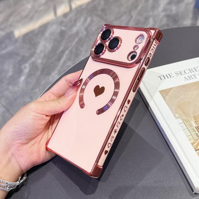 For For Iphone 17 Air Pro Max  Plating Love Heart Frame  Magnetic Phone Case For For Iphone 13 14 15 16 Plus Back Cover