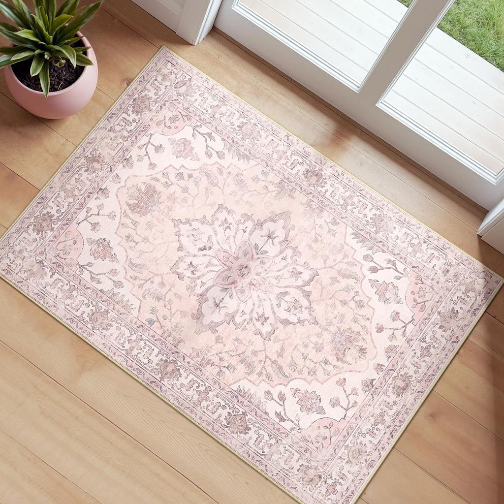 Tappeto Bohémien Vintage con Stampa Floreale, Tappetino Antiscivolo Orientale Consumato Verde Beige per Soggiorno Camera da Letto Arredamento Casa Tappeto