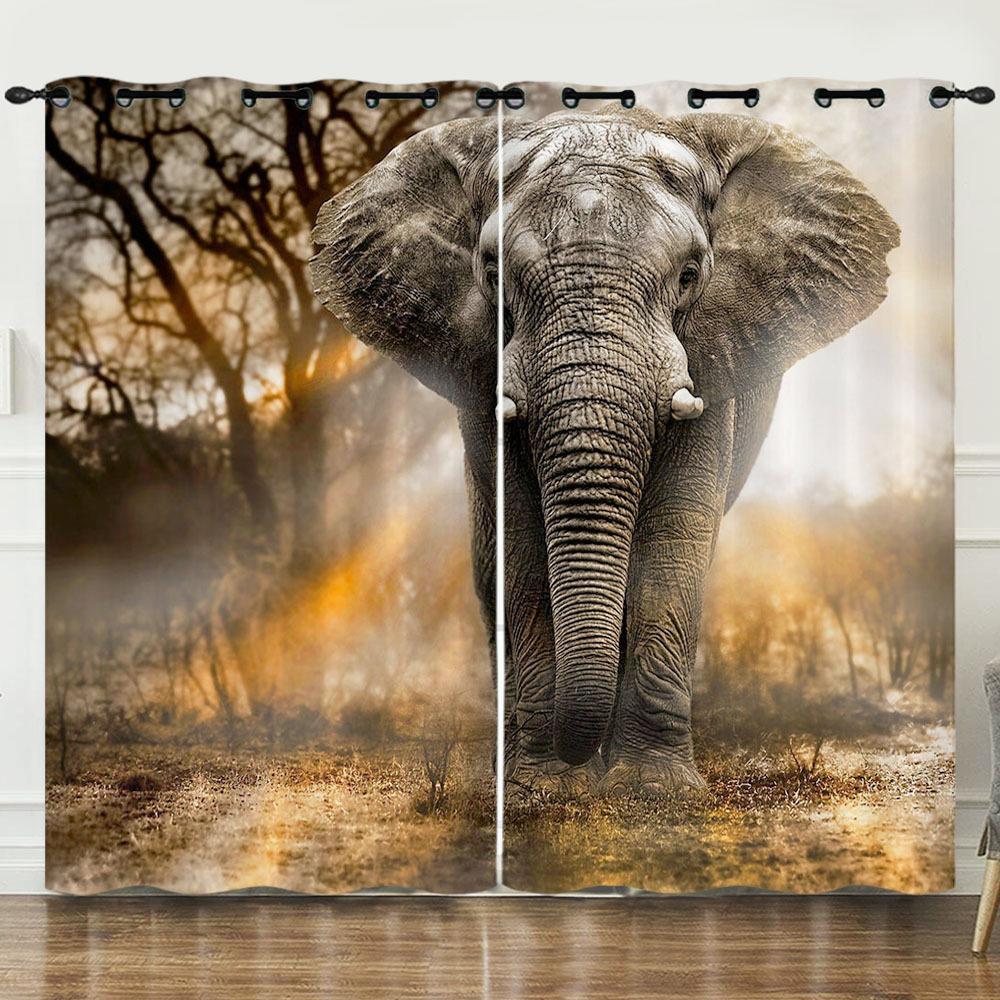 Curtain African Elephant Animal 3D Digital Printing Blackout Curtain Punching