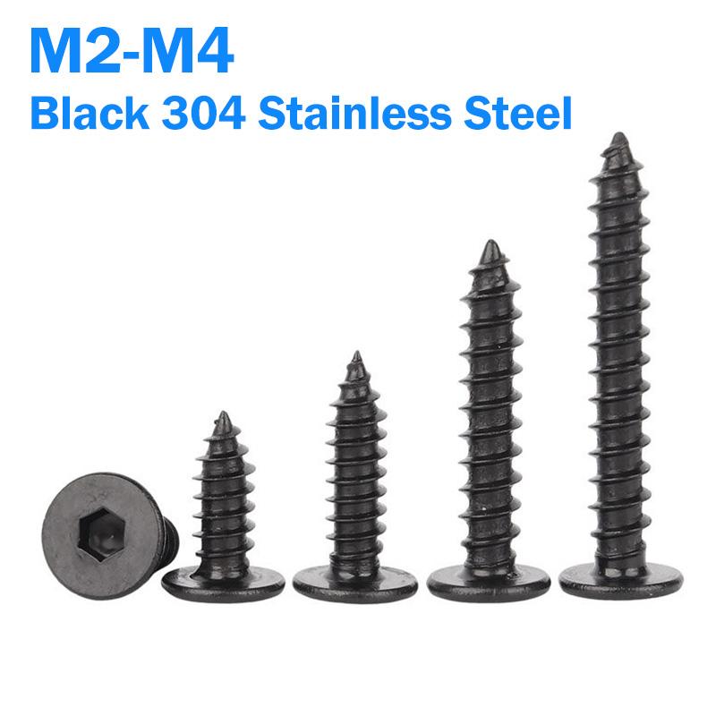 Allen Head Screw M5 M6 M8 Black 304 Stainless Steel Super Ultra-Thin Hex Socket Flat Head Self-Tapping Wood Screws L:10-80mm