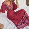 Summer Vacation Bohemian Dress Ethnic Style Patchwork A Line Maxi Dress Elastic Waist V Neck Short Sleeves Women Beach Dress Printing